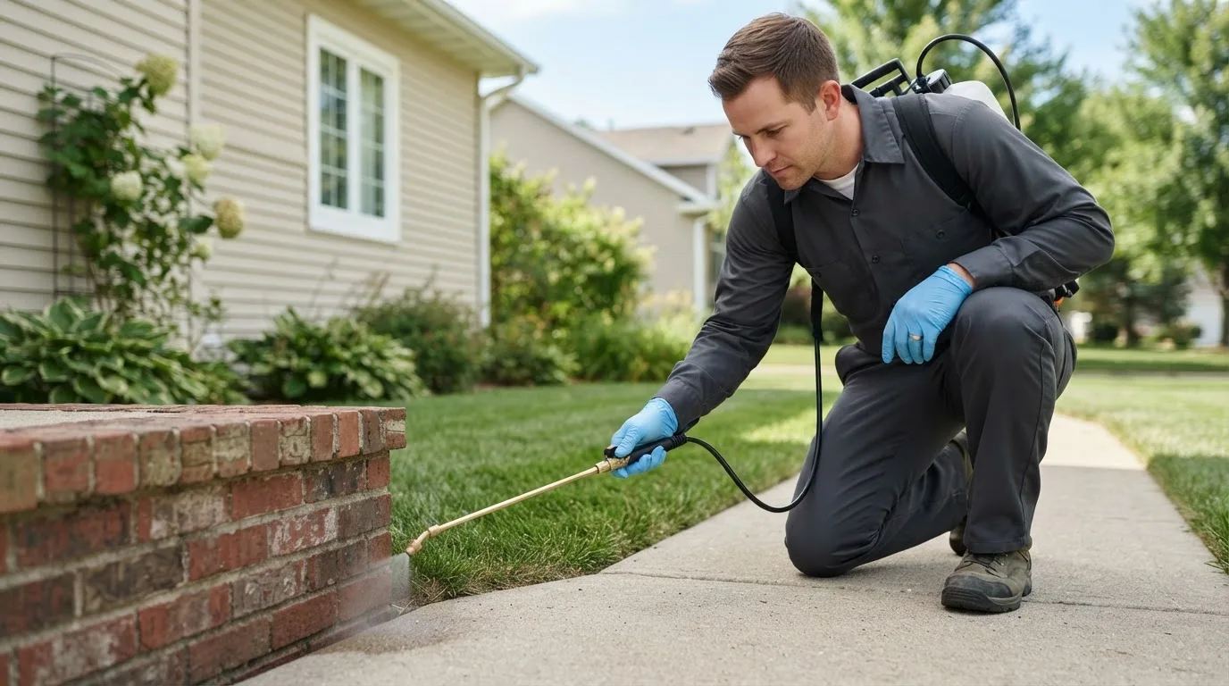 Pest control technician treating a home near Middleburg, OH